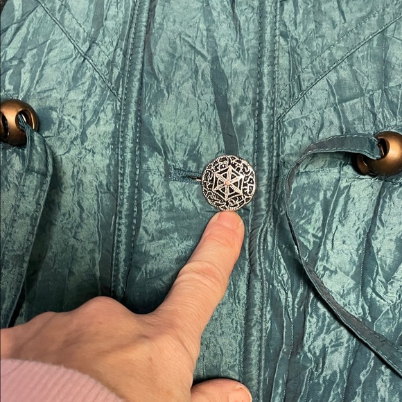 Vintage 80s/90s Teal Hooded velvet accent Coat with faux Fur Trim - Picture 8 of 12